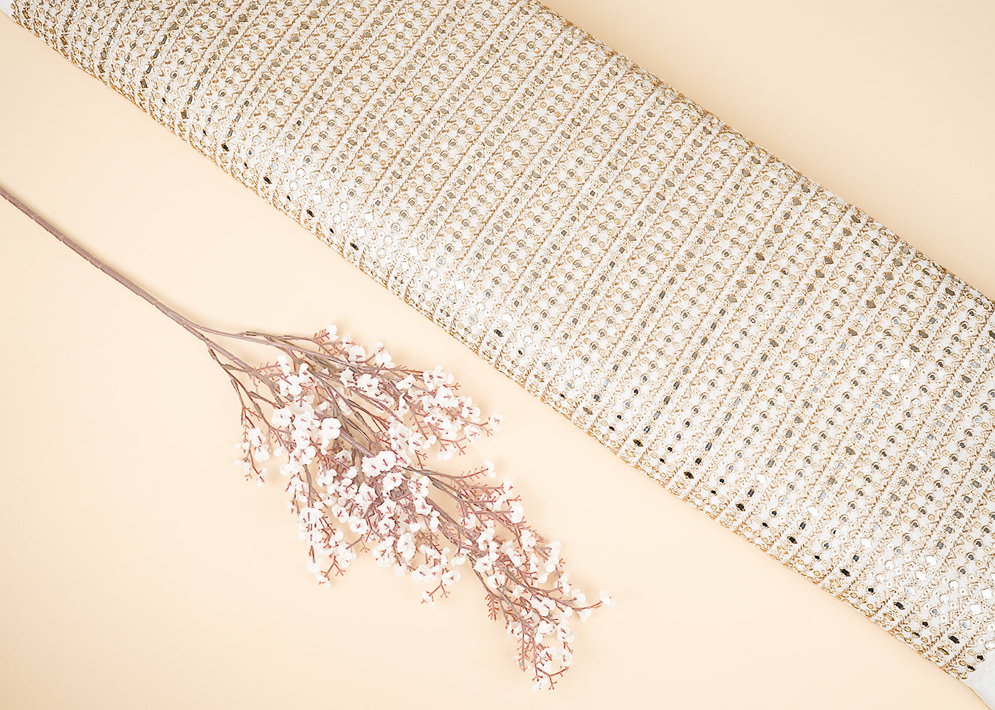 White Dyeable Georgette Fabric With All Over Zari, Sequins And Faux Mirror Work  21750