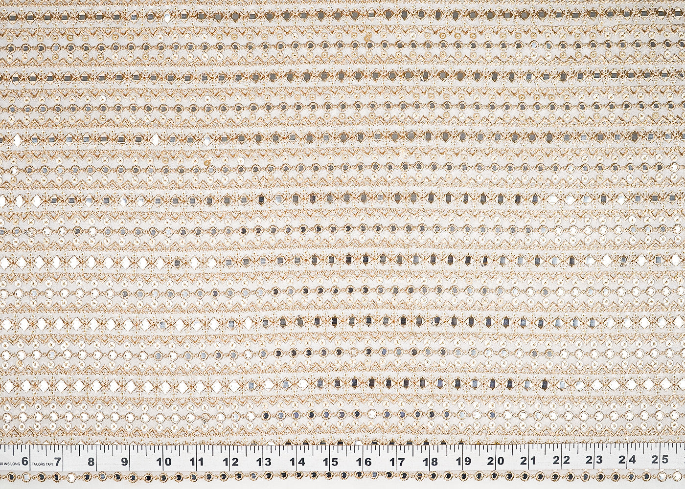 White Dyeable Georgette Fabric With All Over Zari, Sequins And Faux Mirror Work  21750