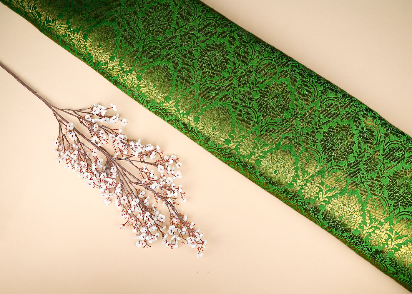 Parrot Green Banarasi Brocade Fabric With All Golden Over Zari Handloom 21755