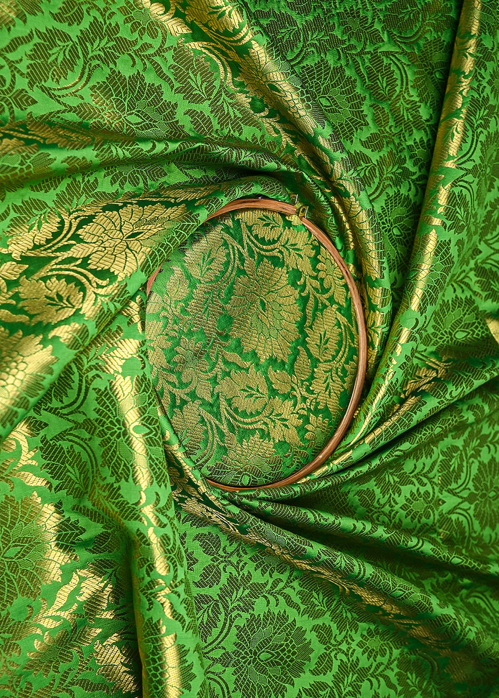 Parrot Green Banarasi Brocade Fabric With All Golden Over Zari Handloom 21755-close-view