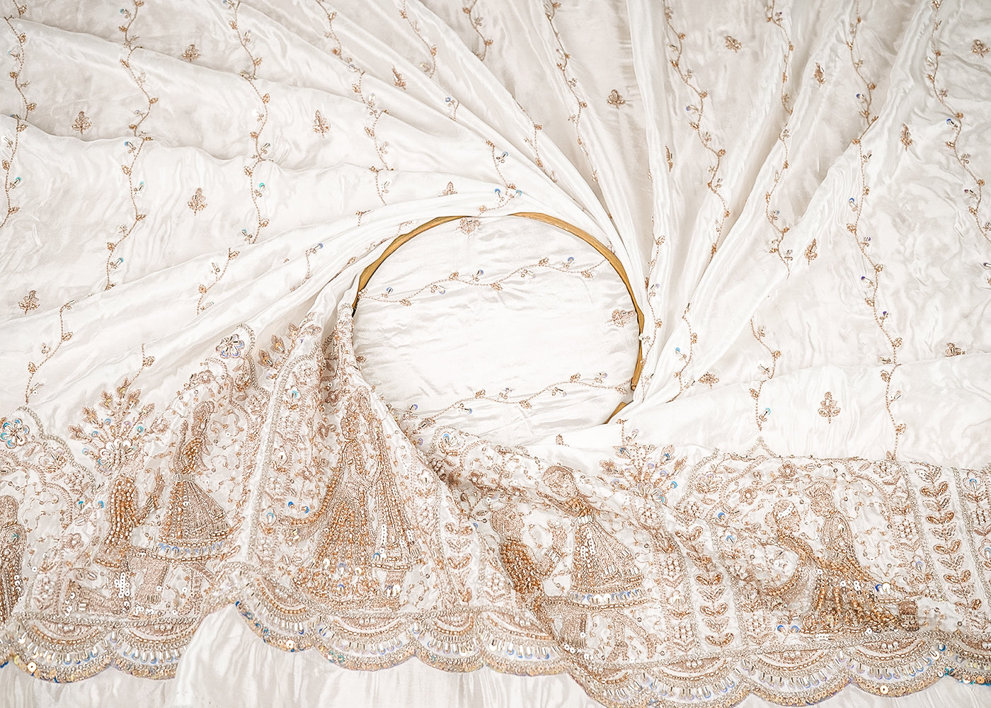 White Dyeable Crepe Fabric With All Over Stripes Of Katdana, Bead, Sequins And Zari Work With One Side Heavy Border 21756