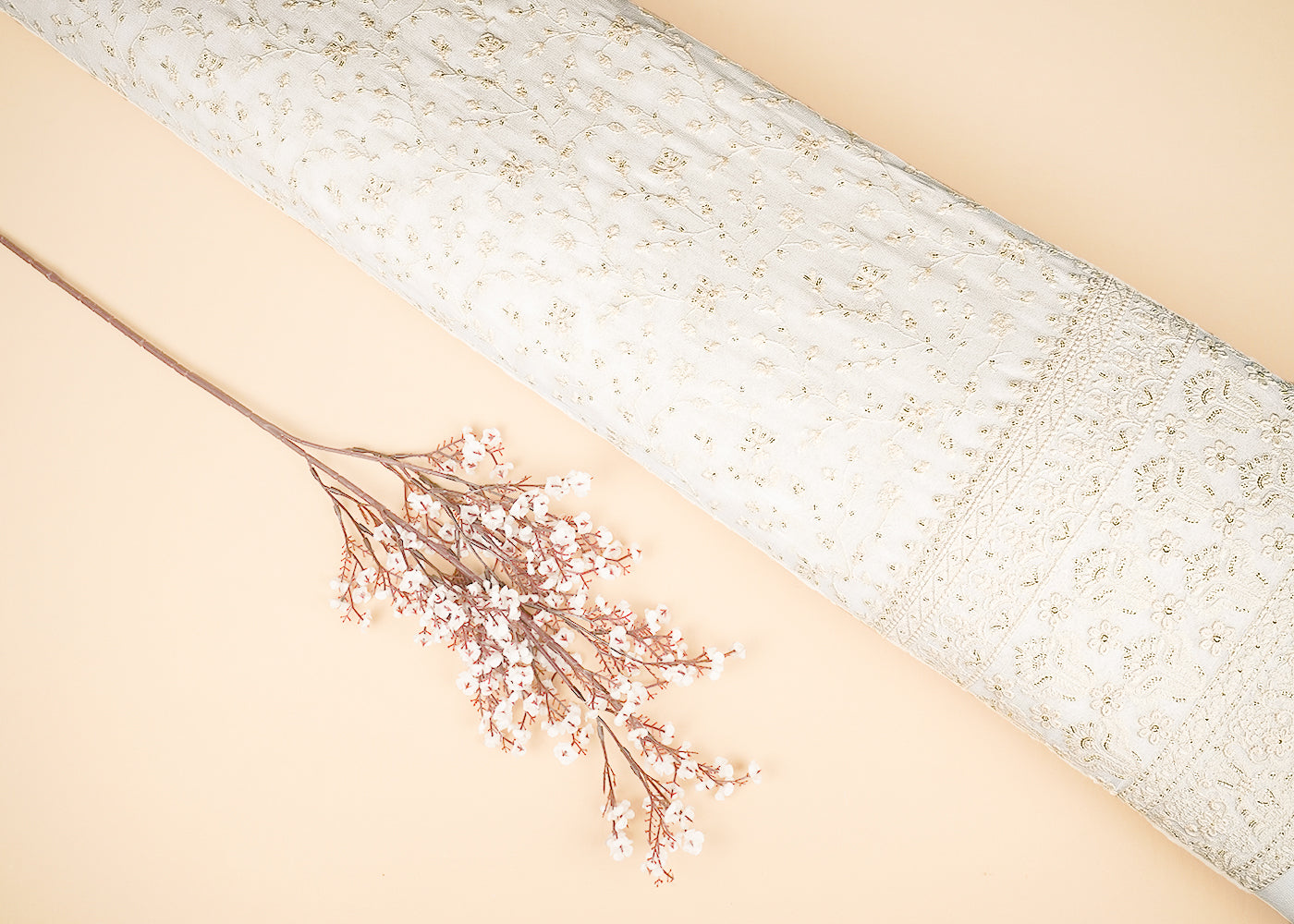 White Dyeable Georgette Fabric With All Over Sequins And Thread Work With One Side Border 21758