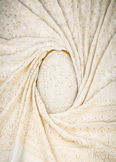White Dyeable Georgette Fabric With All Over Sequins And Thread Work With One Side Border 21758