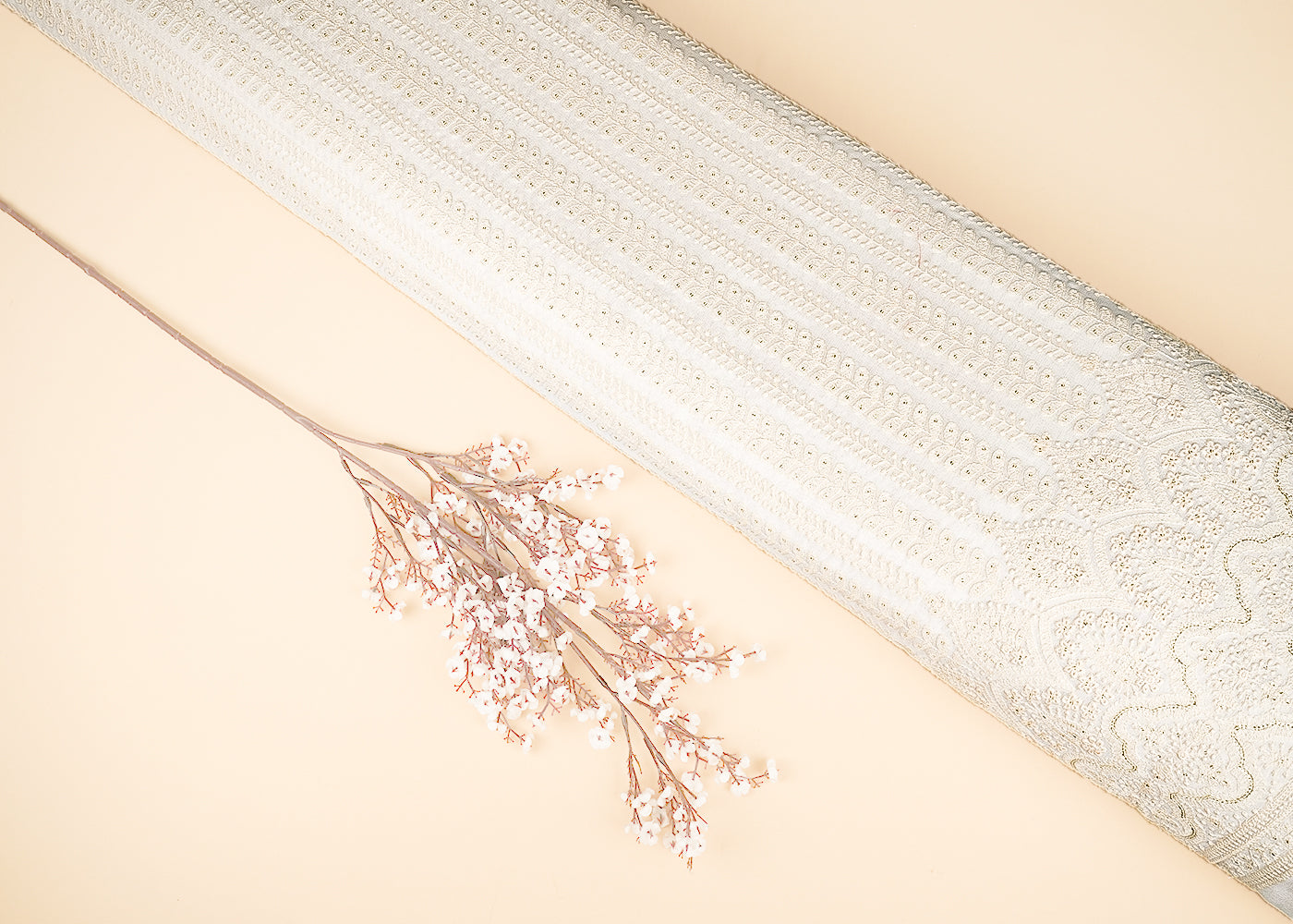 White Dyeable Georgette Fabric With All Over Stripes Of Sequins And Thread Work With One Side Border 21759