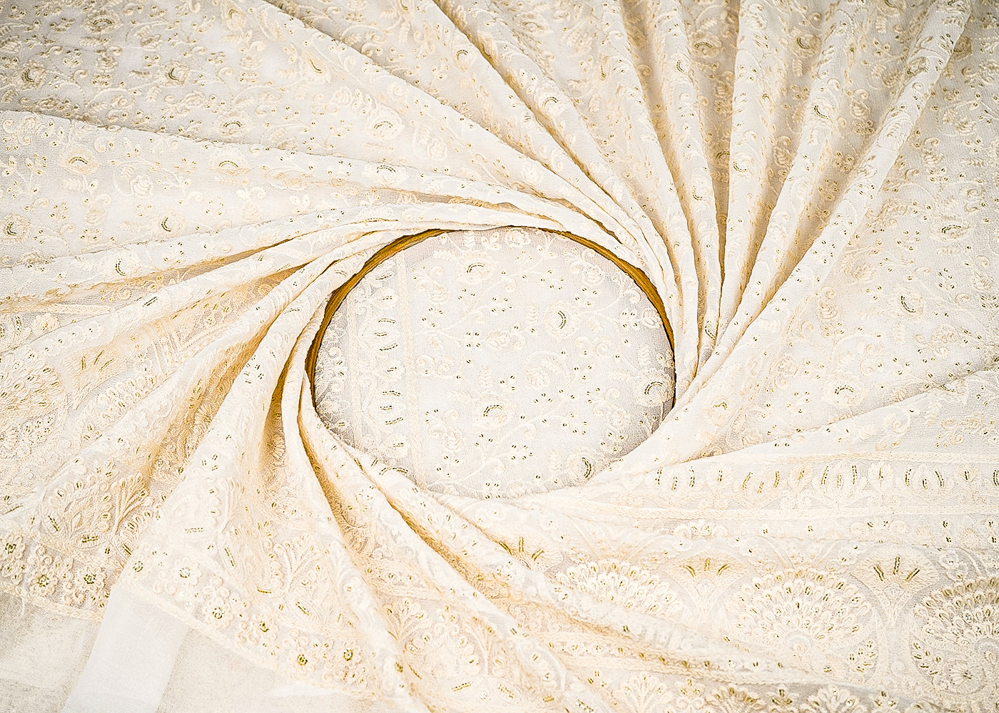 White Dyeable Georgette Fabric With All Over Sequins And Thread Work With One Side Border 21760