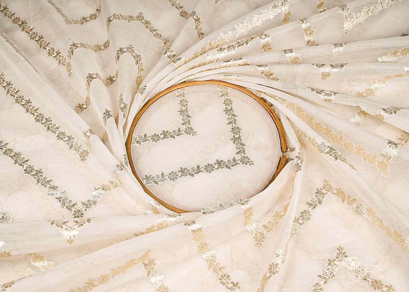 White Dyeable Chanderi Silk Fabric With All Over Dull Gold Zari Handloom 21777