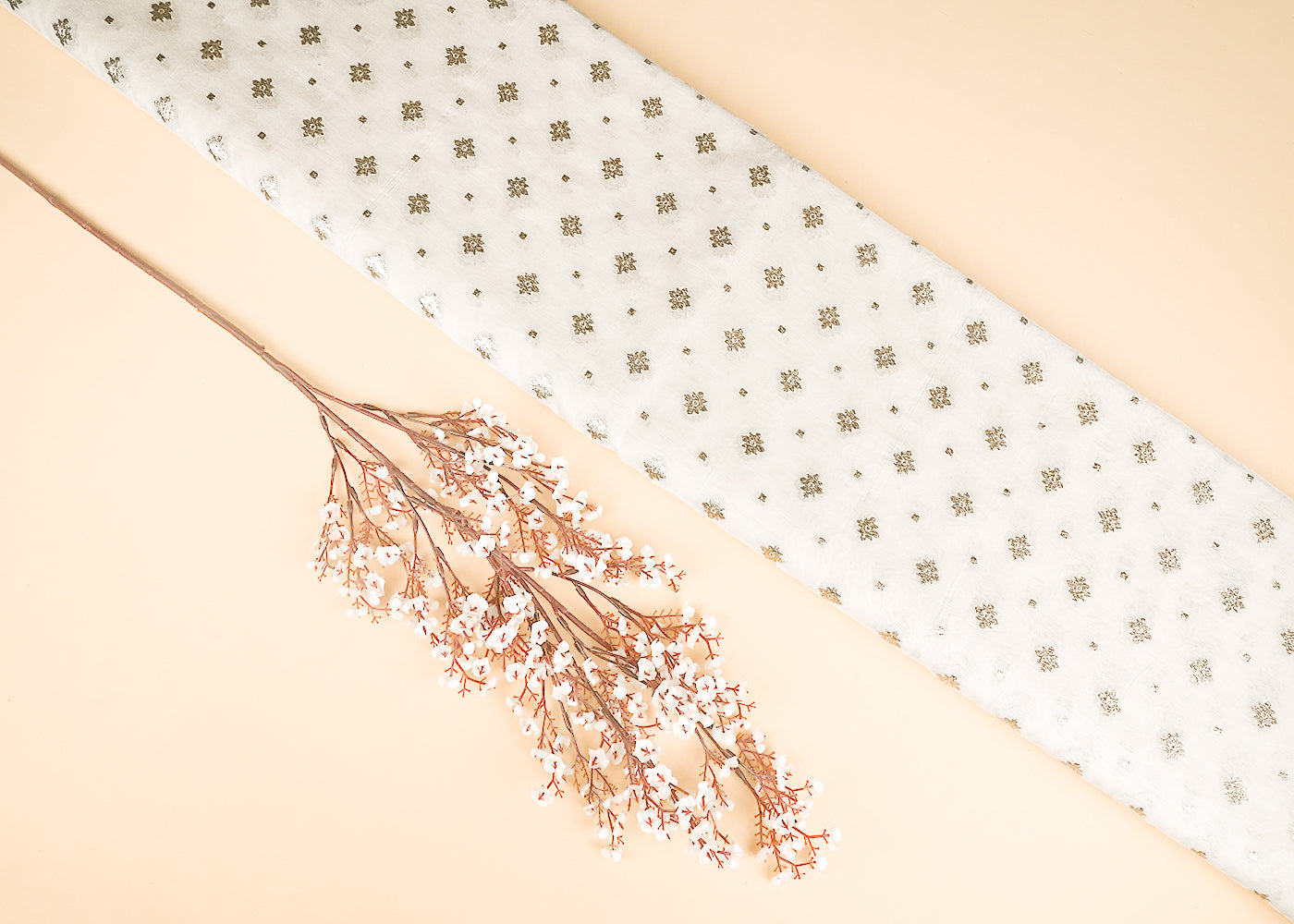 White Dyeable Chanderi Silk Fabric With All Over Dull Gold Zari Handloom 21780