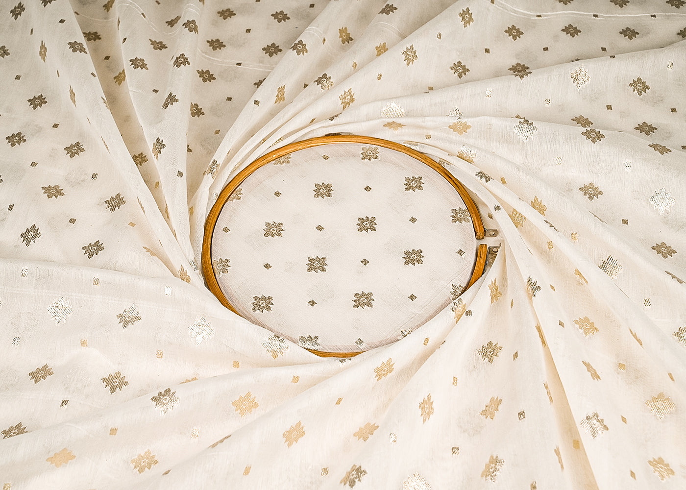 White Dyeable Chanderi Silk Fabric With All Over Dull Gold Zari Handloom 21780
