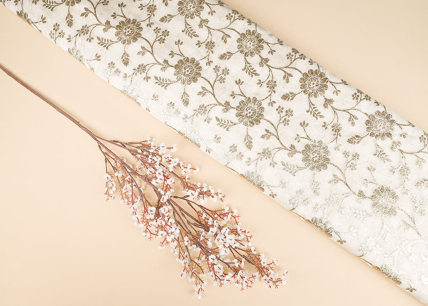 White Dyeable Chanderi Silk Fabric With All Over Dull Gold Zari Handloom 21781