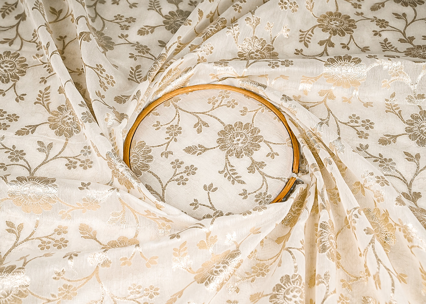 White Dyeable Chanderi Silk Fabric With All Over Dull Gold Zari Handloom 21781