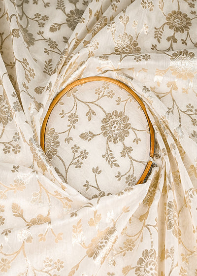 White Dyeable Chanderi Silk Fabric With All Over Dull Gold Zari Handloom 21781