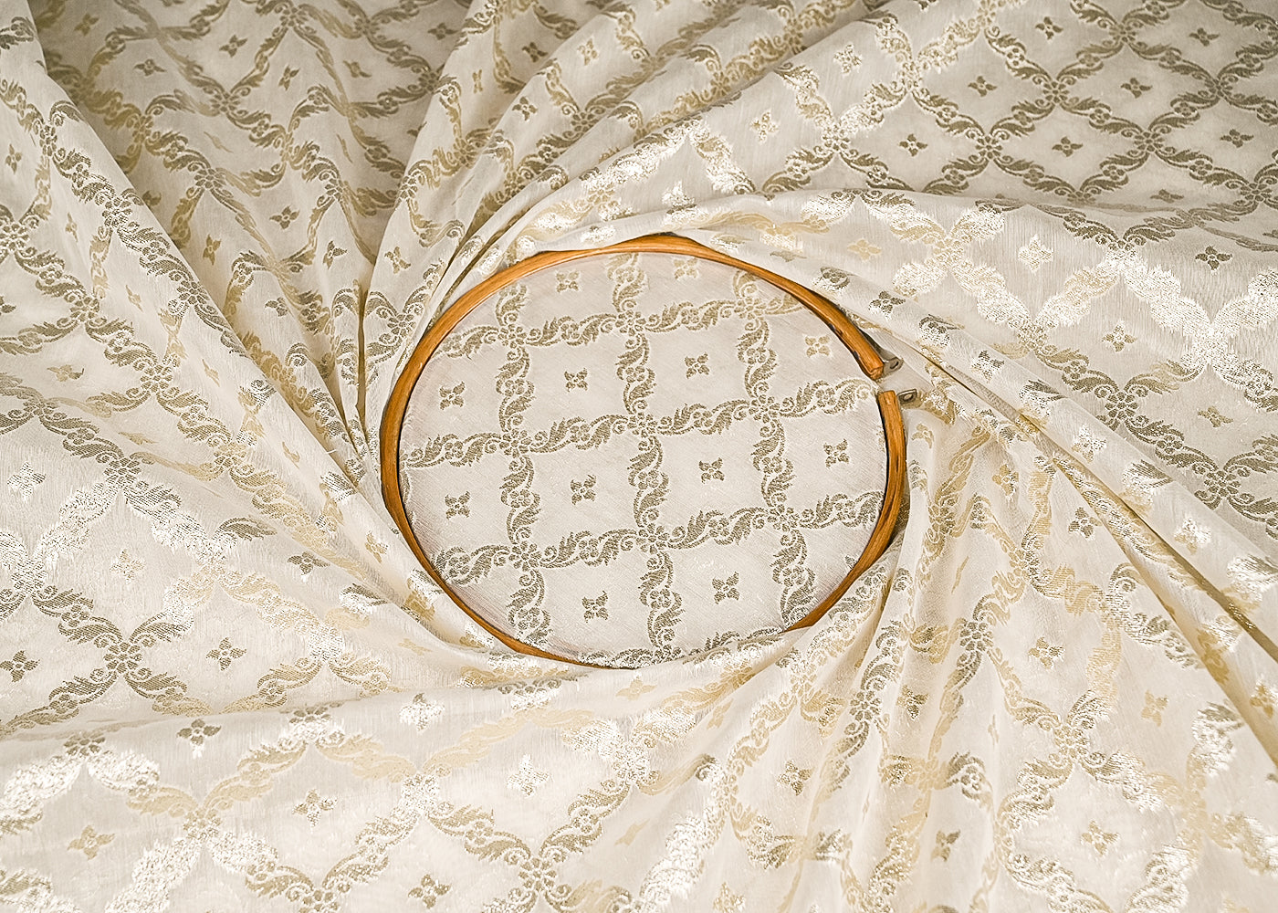 White Dyeable Chanderi Silk Fabric With All Over Dull Gold Zari Handloom 21782