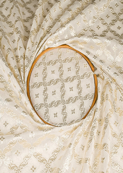 White Dyeable Chanderi Silk Fabric With All Over Dull Gold Zari Handloom 21782