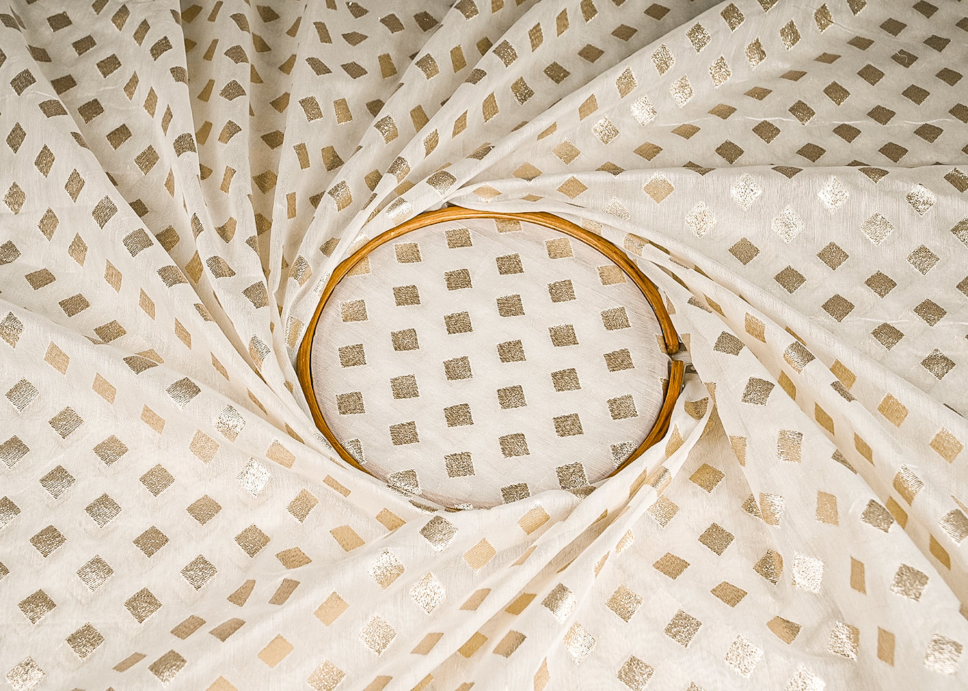 White Dyeable Chanderi Silk Fabric With All Over Dull Gold Zari Handloom 21783