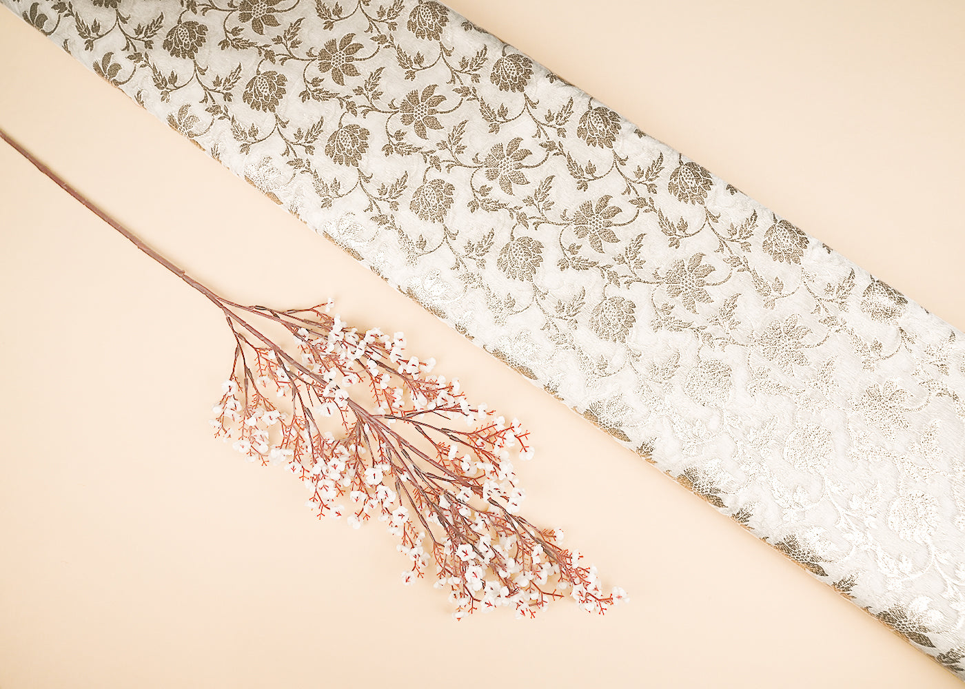 White Dyeable Chanderi Silk Fabric With All Over Dull Gold Zari Handloom 21784