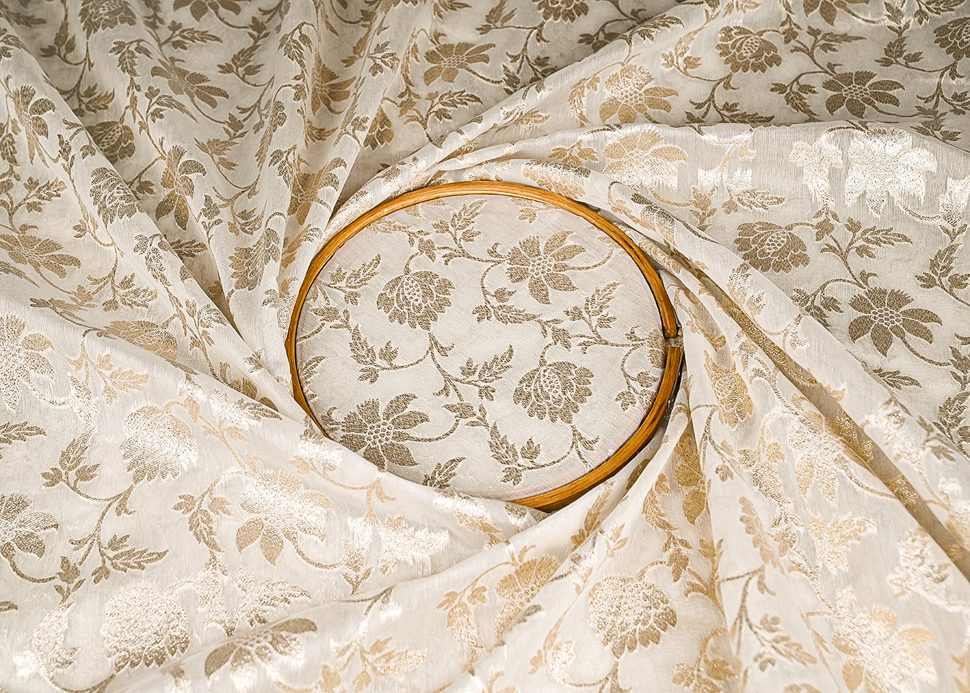 White Dyeable Chanderi Silk Fabric With All Over Dull Gold Zari Handloom 21784