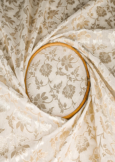 White Dyeable Chanderi Silk Fabric With All Over Dull Gold Zari Handloom 21784