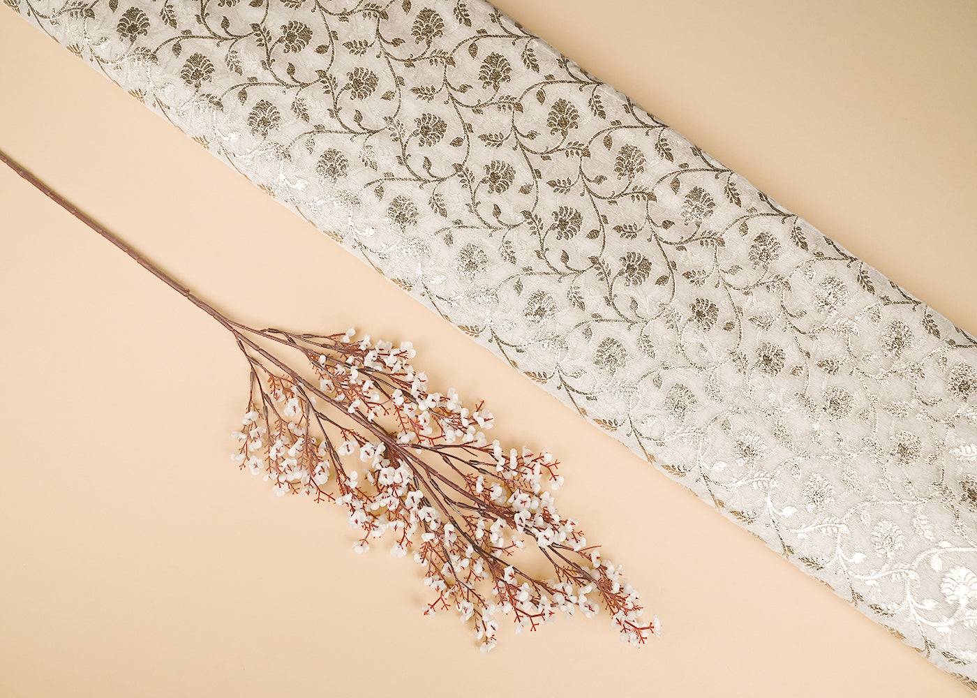 White Dyeable Chanderi Silk Fabric With All Over Dull Gold Zari Handloom 21785