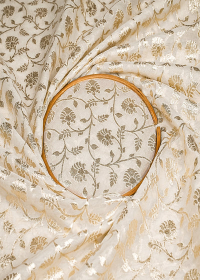 White Dyeable Chanderi Silk Fabric With All Over Dull Gold Zari Handloom 21785