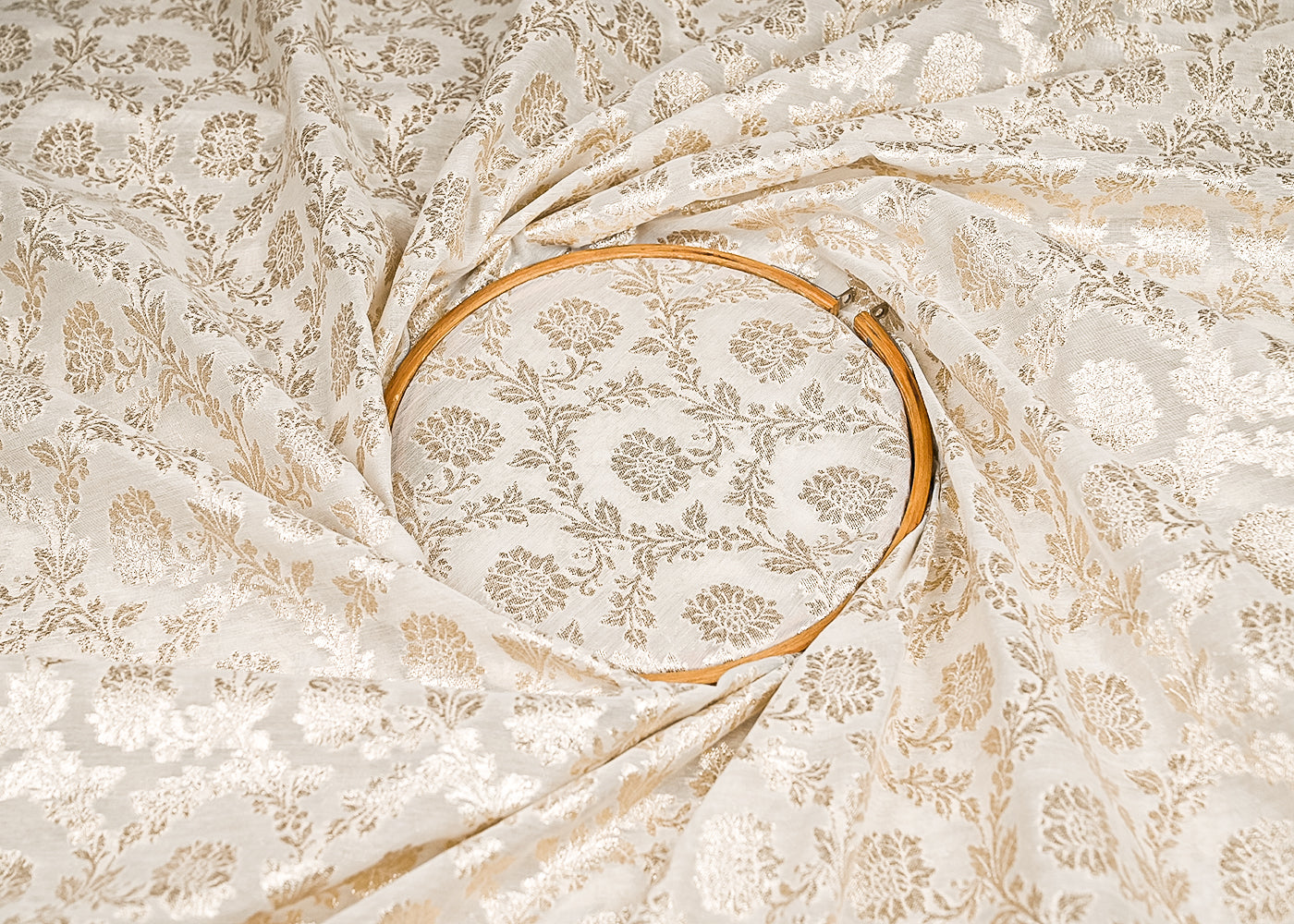 White Dyeable Chanderi Silk Fabric With All Over Dull Gold Zari Handloom 21786