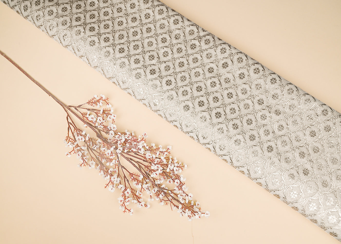 White Dyeable Chanderi Silk Fabric With All Over Dull Gold Zari Handloom 21787