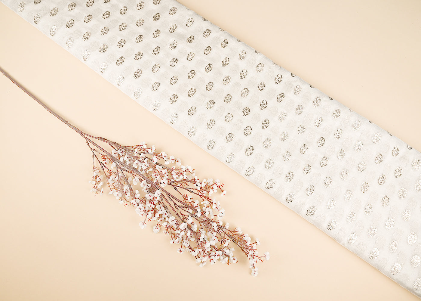 White Dyeable Chanderi Silk Fabric With All Over Dull Gold Zari Handloom 21789