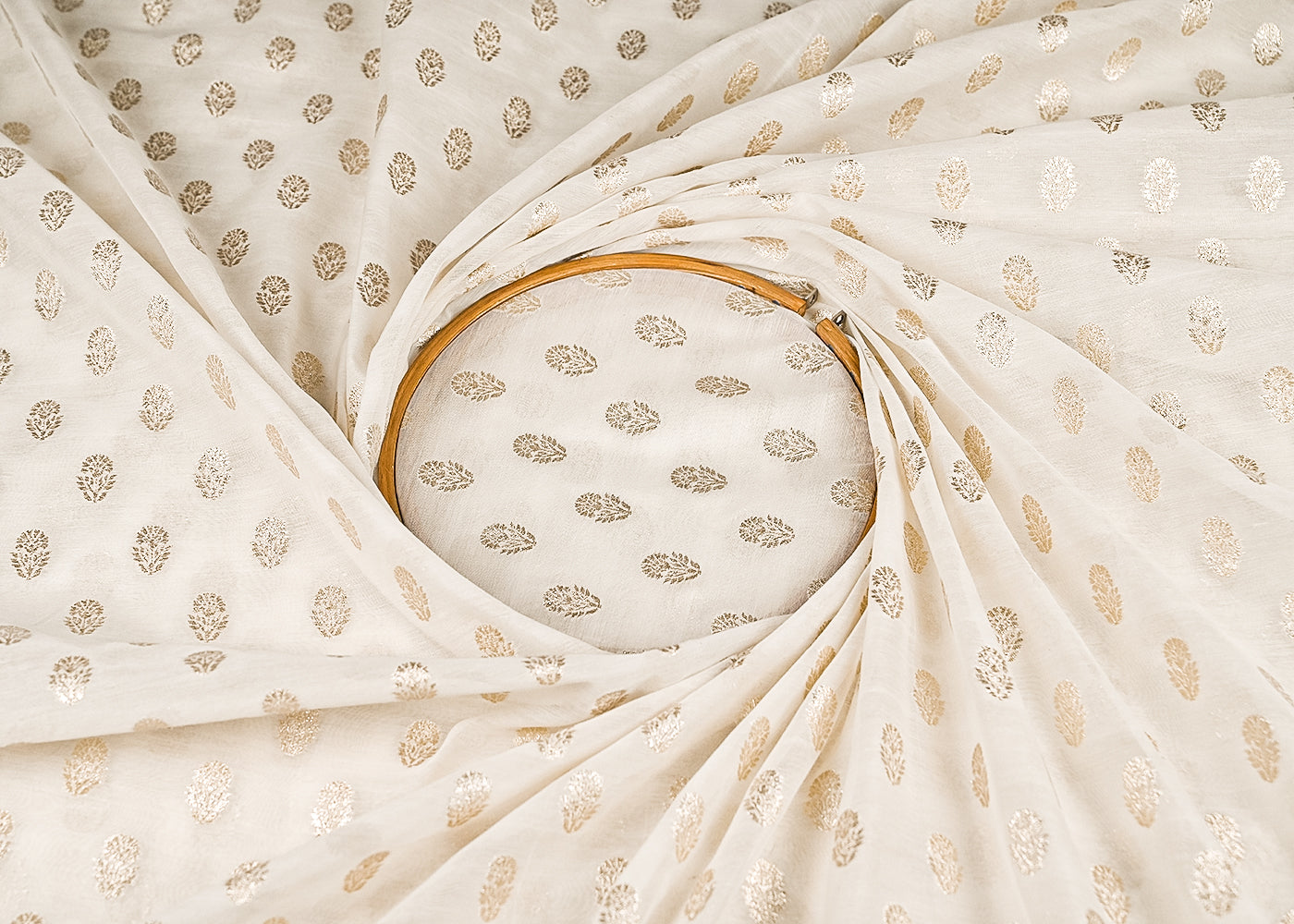 White Dyeable Chanderi Silk Fabric With All Over Dull Gold Zari Handloom 21789