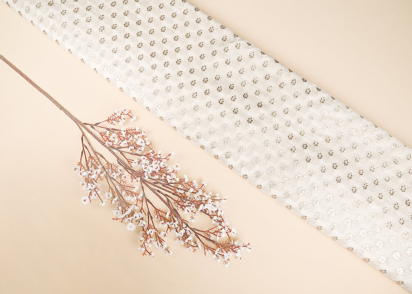 White Dyeable Chanderi Silk Fabric With All Over Dull Gold Zari Handloom 21790