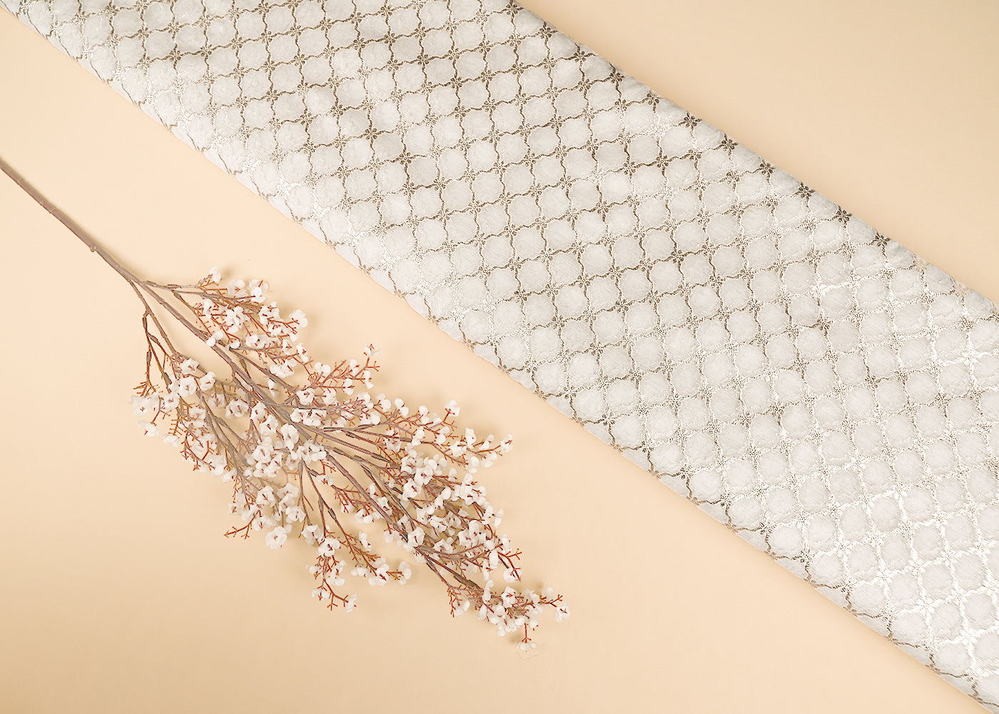 White Dyeable Chanderi Silk Fabric With All Over Dull Gold Zari Handloom 21792