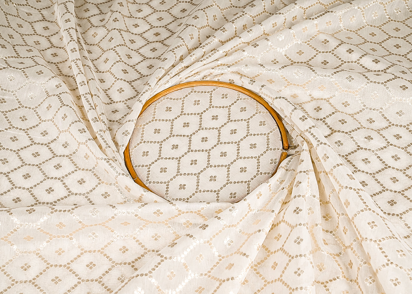 White Dyeable Chanderi Silk Fabric With All Over Dull Gold Zari Handloom 21794