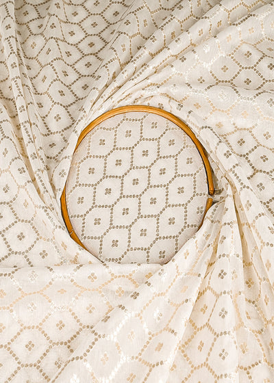 White Dyeable Chanderi Silk Fabric With All Over Dull Gold Zari Handloom 21794