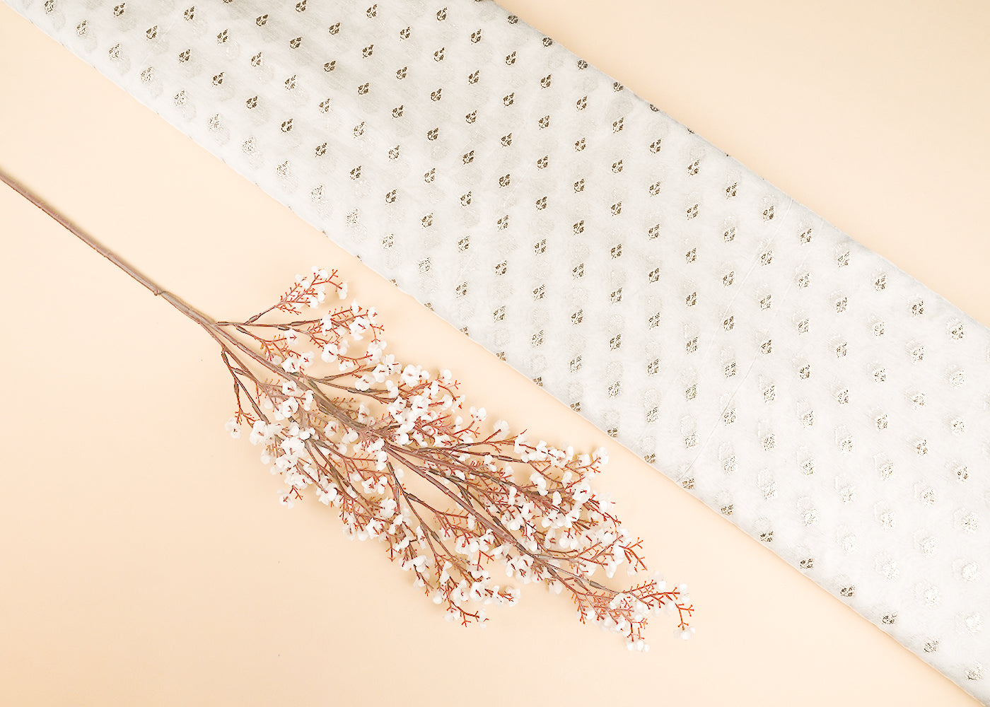 White Dyeable Chanderi Silk Fabric With All Over Dull Gold Zari Handloom 21795