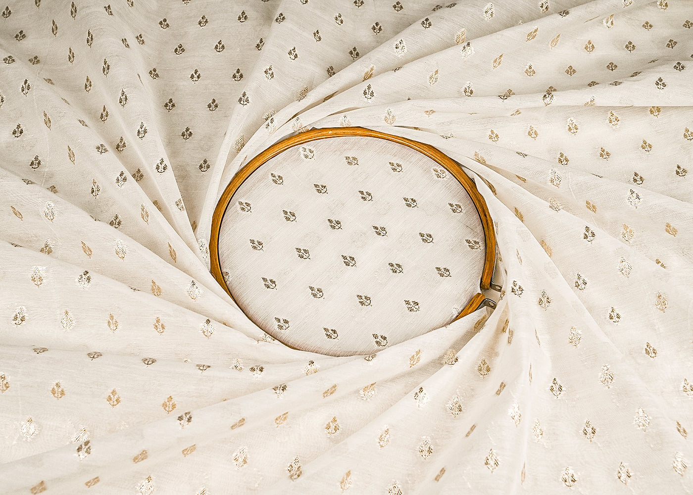 White Dyeable Chanderi Silk Fabric With All Over Dull Gold Zari Handloom 21795