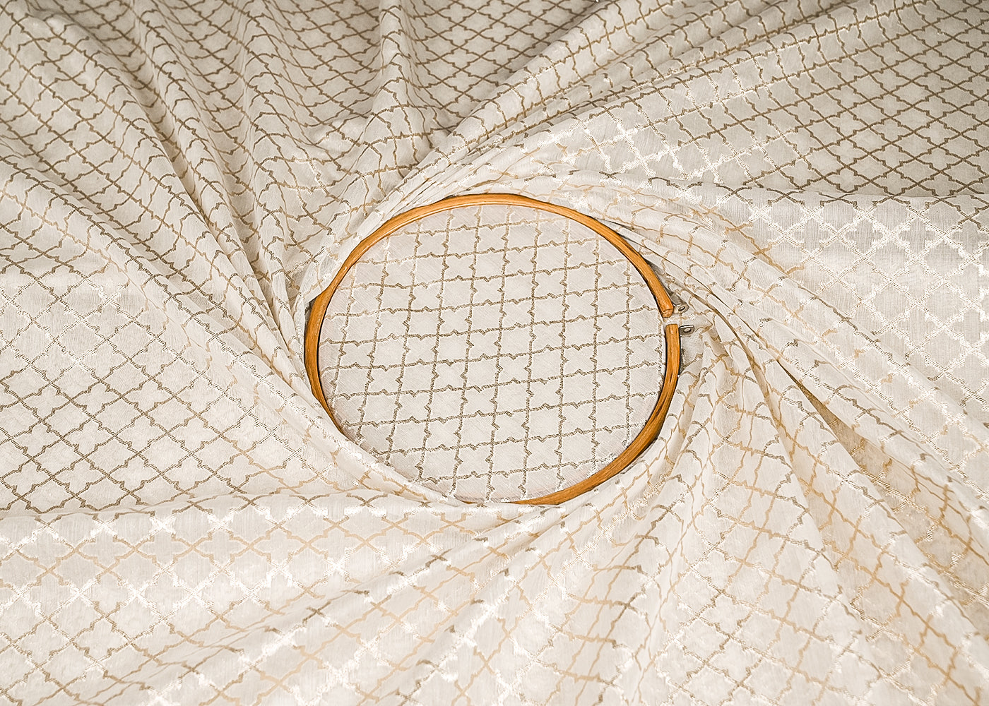 White Dyeable Chanderi Silk Fabric With All Over Dull Gold Zari Handloom 21796