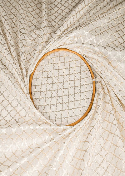 White Dyeable Chanderi Silk Fabric With All Over Dull Gold Zari Handloom 21796