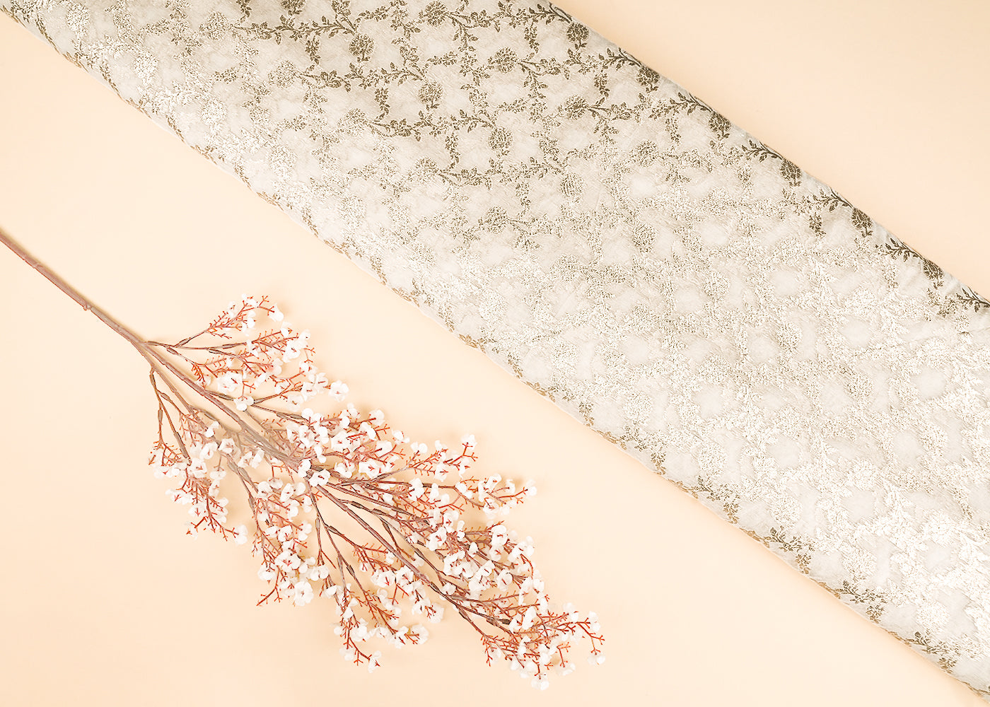 White Dyeable Chanderi Silk Fabric With All Over Dull Gold Zari Handloom 21797