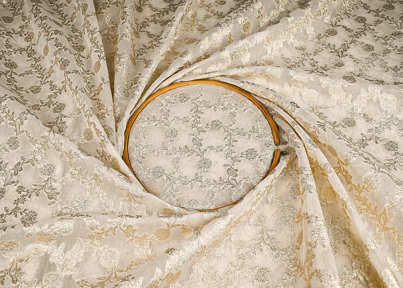 White Dyeable Chanderi Silk Fabric With All Over Dull Gold Zari Handloom 21797