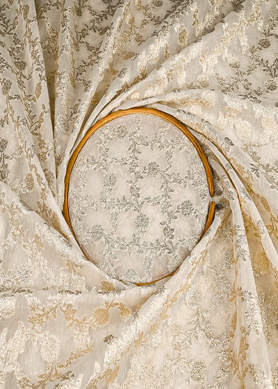 White Dyeable Chanderi Silk Fabric With All Over Dull Gold Zari Handloom 21797