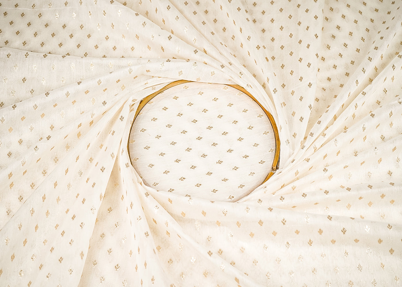 White Dyeable Chanderi Silk Fabric With All Over Dull Gold Zari Handloom 21798