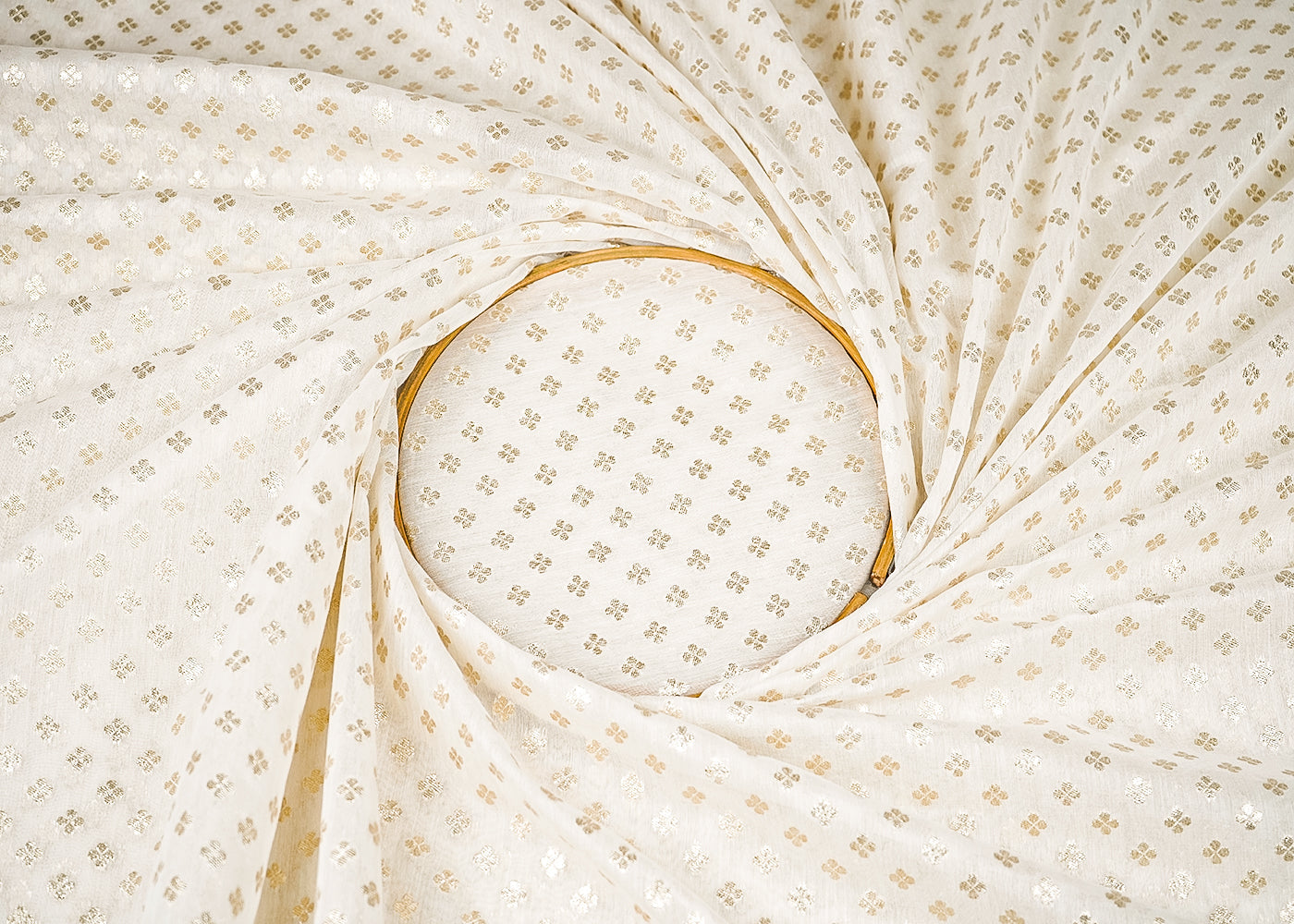 White Dyeable Chanderi Silk Fabric With All Over Dull Gold Zari Handloom 21799