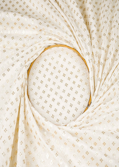 White Dyeable Chanderi Silk Fabric With All Over Dull Gold Zari Handloom 21799