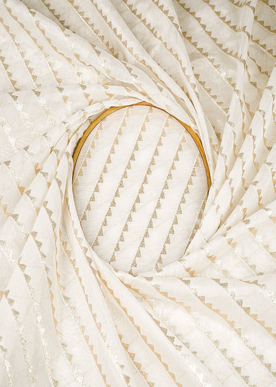 White Dyeable Chanderi Silk Fabric With All Over Dull Gold Zari Handloom 21800