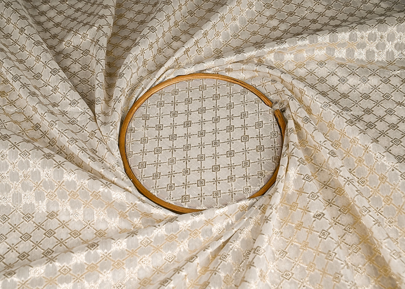 White Dyeable Chanderi Silk Fabric With All Over Dull Gold Zari Handloom 21801