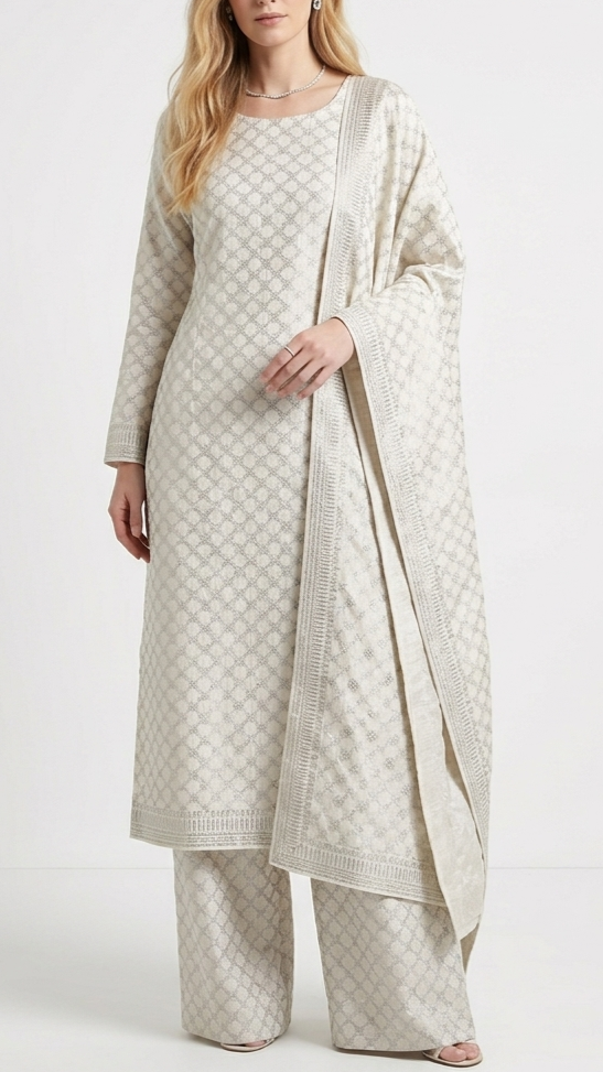 White Dyeable Chanderi Silk Fabric With All Over Dull Gold Zari Handloom 21801