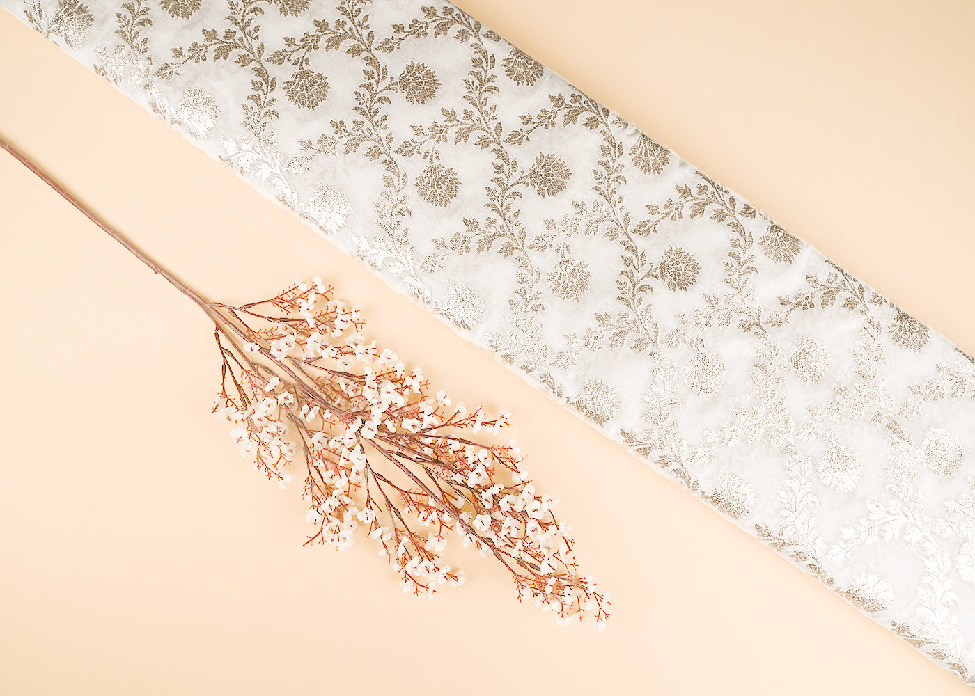 White Dyeable Chanderi Silk Fabric With All Over Dull Gold Zari Handloom 21802