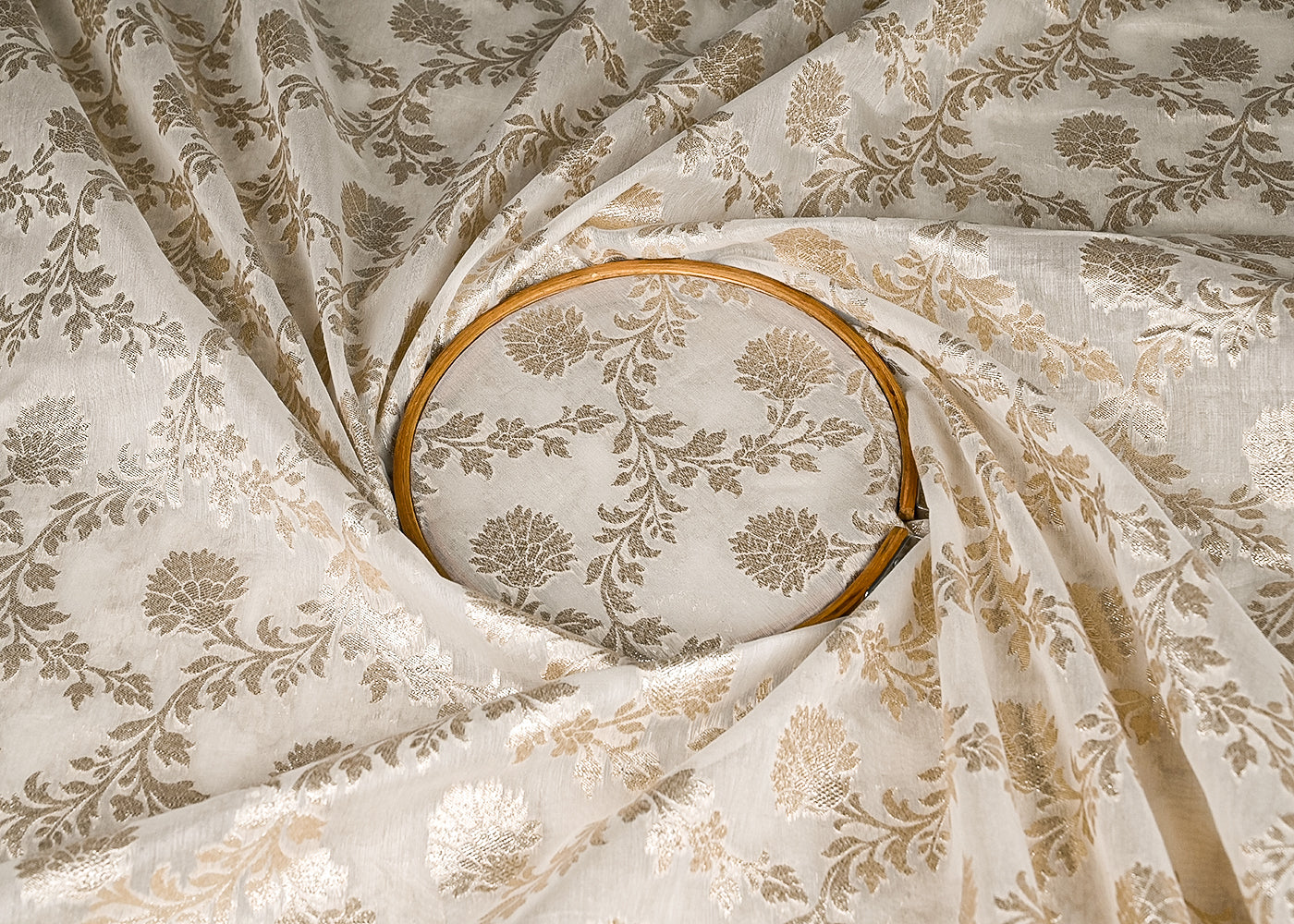 White Dyeable Chanderi Silk Fabric With All Over Dull Gold Zari Handloom 21802