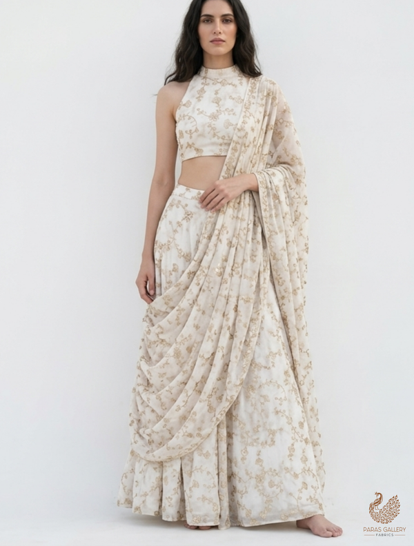 White Dyeable Chanderi Fabric With All Over Stripes Of Zari Handloom 21803
