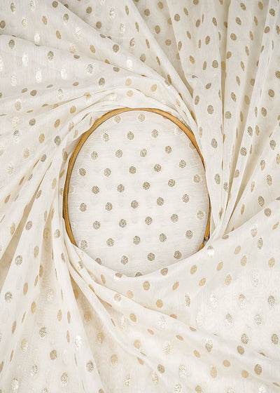 White Dyeable Chanderi Silk Fabric With All Over Dull Gold Zari Handloom 21804
