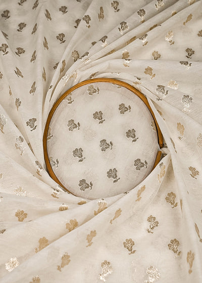 White Dyeable Chanderi Silk Fabric With All Over Dull Gold Zari Handloom 21807