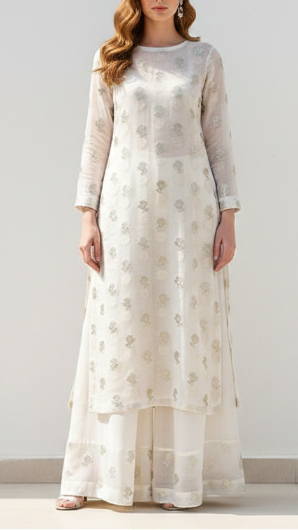 White Dyeable Chanderi Silk Fabric With All Over Dull Gold Zari Handloom 21807